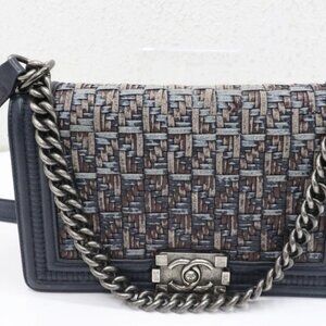 Chanel Medium Woven Boy Flap Bag Blue Dark Calf Leather Crossbody